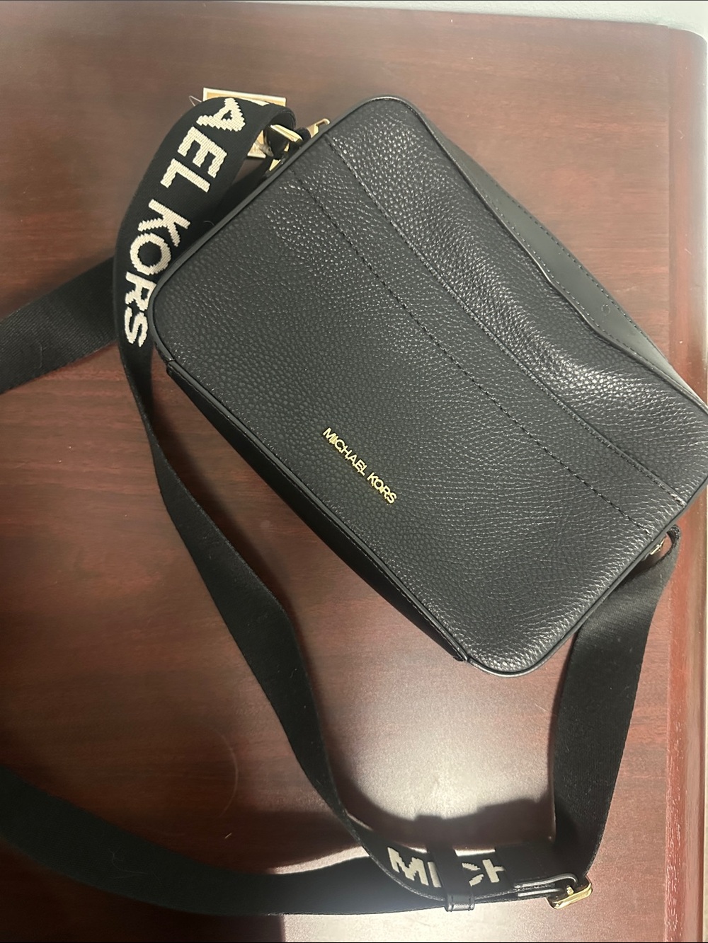 Michael Kors Black Pebbled Leather Messenger Bag with Logo Strap